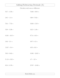 adding and subtracting decimals with up to two places before and after the decimal a decim decimals worksheets subtracting decimals printable math worksheets