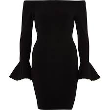 River Island Black Bardot Frill Cuff Bodycon Dress 70 Liked On Polyvore Featuring Dre Long Sleeve Ruffle Dress Ribbed Bodycon Dress Bodycon Cocktail Dress