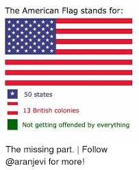 The American Flag Stands For 50 States 13 British Colonies Not Getting Offended By Everything The Missing Part Follow For More Meme On Me Me