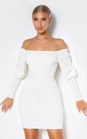 Cream Woven Bardot Frill Detail Bodycon Dressget Ready To Elevate Your Whole Weekend Look With Th Bodycon Dress Women Dress Online Ruched Bodycon Dress