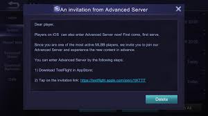 The player's free fire advance server will be deleted after the period is over. An Invitation From Advanced Server On Ios Mobilelegendsgame