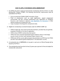 Owwa member is entitled to various benefits and services. B How To Apply Or Renew Owwa Membership