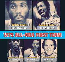 The 1975 All-NBA First Team featured an impressive lineup with forwards  Rick Barry of the Golden State Warriors, who led the league in steals and  averaged over 30 points, and Elvin Hayes