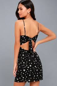Starlight Up My Life Black Star Print Tie Back Mini Dress Mini Black Dress Glitter Mini Dress Short Fitted Dress