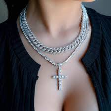 Modern design crucifix pendant in white gold. Womens Cuban Link Chain And Cross Bundle 10mm In White Gold Pres