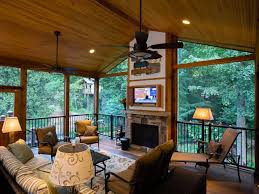 A Rustic Covered Porch With A Fireplace And Tv Screen Centerpiece House With Porch Porch Design Porch Fireplace