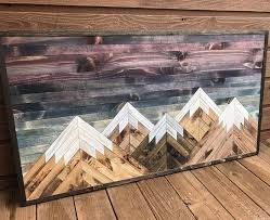 Rustic Sunset Five Mountains Wood Wall Art Etsy Mountain Wood Wall Art Mountain Wood Art Wood Plank Art