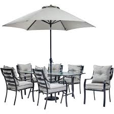 Maybe you would like to learn more about one of these? Hanover Lavallette 7 Piece Glass Top Rectangular Patio Dining Set With Umbrella Base And Silver Linings Cushions Lavdn7pc Su The Home Depot Patio Furniture Dining Set Patio Furniture Sets Outdoor Dining Set