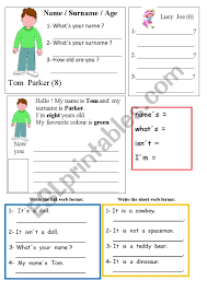 Review the 100 most common u.s. Name Surname Age Esl Worksheet By Welf