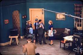 Art Carney, Jackie Gleason, Audrey Meadows, and Joyce Randolph taping The  Honeymooners on a TV sound stage, April 1955. Although the photo is in  color, the TV show was not.