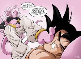 saiyanslave, android 21, majin android 21, son goku, dragon ball,  dragonball z, absurdres, highres, black hair, black nails, black shirt,  colored skin, domination, feet, femdom, foot focus, foot on another's  face, foot