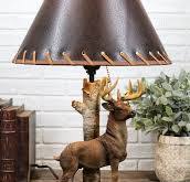 Rustic Country Grand Elk Stag Deer By Birch Tree Desktop Table Lamp With  Shade