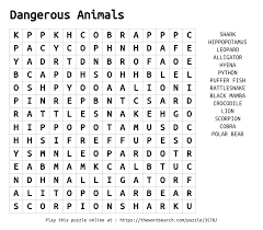 A stack of good fall word search puzzles is a great activity to do on a crisp fall day. Download Word Search On Dangerous Animals