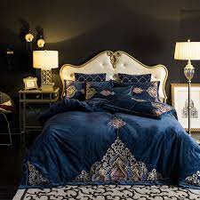 I recently just purchased this navy blue velvet bed and now i'm super conflicted on what color to do for my comforter and curtains and nightstands. Buy Blue Red Purple Luxury Royal Embroidery Thick Velvet Flannel Bedding Set Fleece Fabric Duvet Cover Bed Sheetlinen Pillowcases Online In Kuwait 33013003631