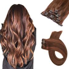 And the hair color is…brown with blonde highlights, also known as bronde. Amazon Com Clip In Human Hair Extensions With Highlights Medium Brown To Medium Auburn 7 Pieces 70 Gram Set Silky Straight Double Weft Remy Hair Clip On Extensions Gift For Girl Friend Ladies