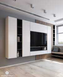 This Is A Asymmetrical Design Because Of The Black Stripe Compared To The Tv Modern Apartment Tv Wall Design Tv Unit Design