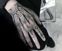 Black And Grey Hand Tattoos For Men 40 Geometric Hand Tattoos For Men Pattern Design Ideas Hand Tattoos For Guys Hand Tattoos Tattoos For Guys
