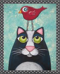Bird On Cat Cute Folk Art Cat Art Art Painting