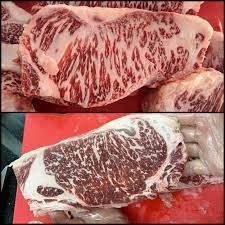 Marbling that is comparable to japanese wagyu and a meaty flavor profile. Snake River Farms Striploin Gold Black Grade Comparison Steak
