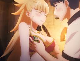 nonaka himeno, satou haruto, kekkon yubiwa monogatari, anime screenshot,  highres, stitched, third-party edit, 1boy, 1girl, blonde hair, blush,  breasts, cleavage, closed eyes, gold necklace, grabbing anothers  breast, groping, jewelry, large ...