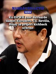 Former DPWH undersecretary Roberto Bernardo, in an affidavit before the  Senate Blue Ribbon Committee, implicated several lawmakers, DPWH officials,  and political figures in alleged kickback schemes, ...