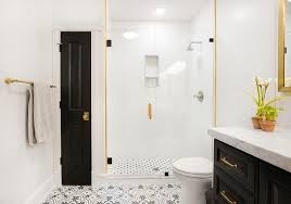 Black And Gold Bathroom Vanity Beautiful Contemporary Black And Gold Bathroom Is Fitted With Black And White Quatrefoil Cement Floor Tile Black And Gold Bathroom Gold Bathroom Black Bathroom
