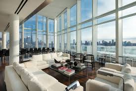 Dark Wood Flooring Sofas Floor To Ceiling Windows City River Views Apartment In Manhattan Expensive Houses New York Condos Beach House Design