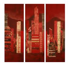 Hongkong Triptyque Collage And Acrylic On Canvas By Marie Felba Triptyque