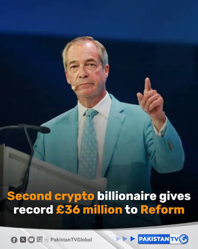 Crypto billionaire Christopher Harborne says he has donated £36 million to  Nigel Farage's Reform UK, matching Ben Delo's record contribution.  Together, the two donations give the party a £72-million boost ahead of