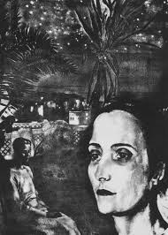 A black and white drawing of a woman and a man photo