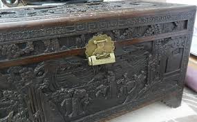 Antique chinese handpainted camphorwood lined chest trunk handforged latch 1800s (224072951495). Antique Oriental Carved Camphor Wood Box Coffer Blanket Chest 273531912