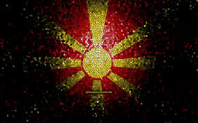 A rectangular red flag with a round yellow center giving rise to ascendingly tapering yellow rays throughout the flag. Download Wallpapers Macedonian Flag Mosaic Art European Countries Flag Of North Macedonia National Symbols North Macedonia Flag Artwork Europe North Macedonia For Desktop Free Pictures For Desktop Free
