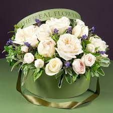 Scented Ivory Rose Lavender Hat Box Arrangement Hat Box Flowers Flowers Bouquet Gift Flower Company