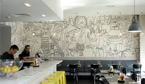 as if the illustration wasn t amazing the sprinkling of yellow throughout this photo makes it so neato mural cafe interior murals restaurant interior design