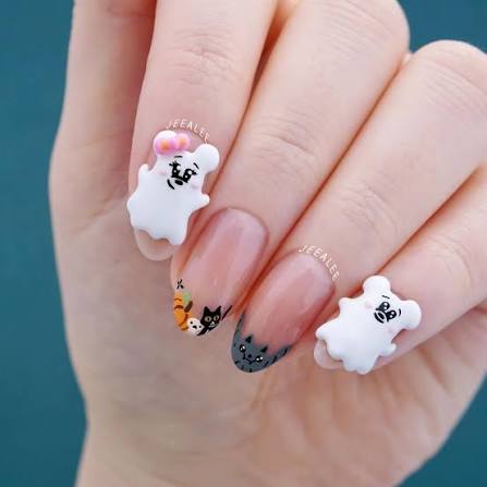 Mickey & Minnie cutie ghost french nails 🎃🦇 I am still loving the design  from the pink Disney Halloween collection! The little bats and Minnie's  black cat make for an adorable french