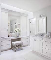 Vanity chairs + in stock + exclusively ours. White And Gray Bathroom With Mirrored Vanity Stool Transitional Bathroom