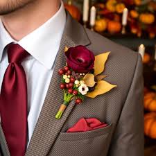 A boutonnière with cherry red blooms for grooms