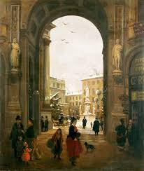 Angelo Inganni Brescia 1807 1880 Veduta Di Piazza Della Scala Con Neve Cadente Vista Dalla Galleria 1874 Olio Su Tela Italy Art Italian Art Italian Artist