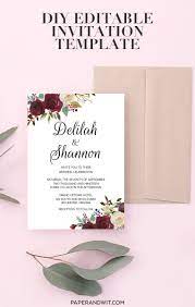 Editable Wedding Invitation Template Floral Marsala Wedding Etsy Printing Wedding Invitations Diy Wedding Invitations Templates Wedding Invitation Templates