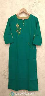 Turquoise Green Slub Cotton Kurti With Embroidery And Potli
