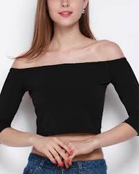 Black Boat Neck Crop Top Fashion Plain Black Crop Top For Women Tight Boat Neck Shirt Three Quarter Sleeve Crop Top Fashion Plain Black Crop Top Crop Tops