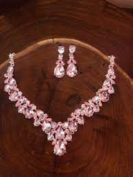 Blush Necklace And Earrings Set Blush Pink Rhinestone Etsy Pink Rhinestone Necklace Rose Pink Bracelet Blush Necklace