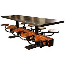 Eight Seat Communal Steel Top Dining Table With Cast Iron Attached Swing Seats Rustic Dining Table Set Dining Table Dining Room Table