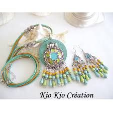 Bijou Fantaisie Parure Ethnique Fait Main Collier Sautoir Boucles D Oreilles Pendentif Bois Multicolore Un Grand Marche