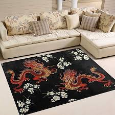 Tapis Salon Japonais Avec Deux Dragons Japonais Rouges Sur Fond Noir Tapis De Sol Tapis Salon Salon Japonais