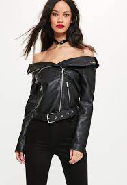 Missguided Black Faux Leather Off Shoulder Jacket Coats Jackets Women Jackets Black Faux Leather Jacket