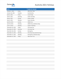 As of january the 1st 2014, anzac day and waitangi day became mondayised which means if they fall on a weekend, the following monday becomes a day. Australia Holidays 2021 In Pdf Word And Excel