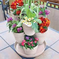 Emsco 13 In 3 Tier Resin Flower And Herb Tower Planter In Bone White 2384 1 The Home Depot Flower Pot Tower Patio Flower Pots Flower Tower