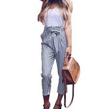 Womens High Waist Paperbag Cigaratte Trousers Striped Summer Casual Long Pants