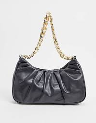 5.3 x 8.1 x 2 inches (13.5 x 20.5 x 5 cm) Asos Design Ruched Shoulder Bag In Black With Chunky Gold Chain Asos
